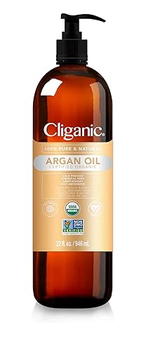 Cliganic Organic Argan Oil - 32Oz Cold Pressed For Hair, Face & Skin, 100% Pure With Pump