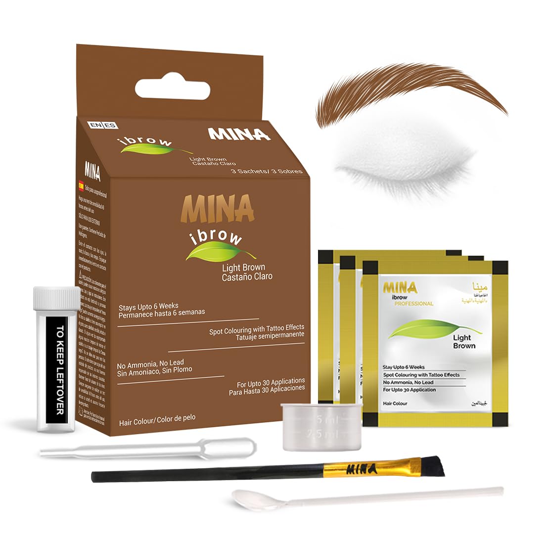 Minaibrow Light Brown Tint Kit | Water & Smudge Proof Brow Powder With Brush, Ammonia Free