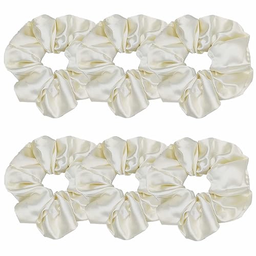 Sufermoe Satin Silk Scrunchies - 6 Pcs Soft Hair Ties with Bows for Women & Girls, Beige