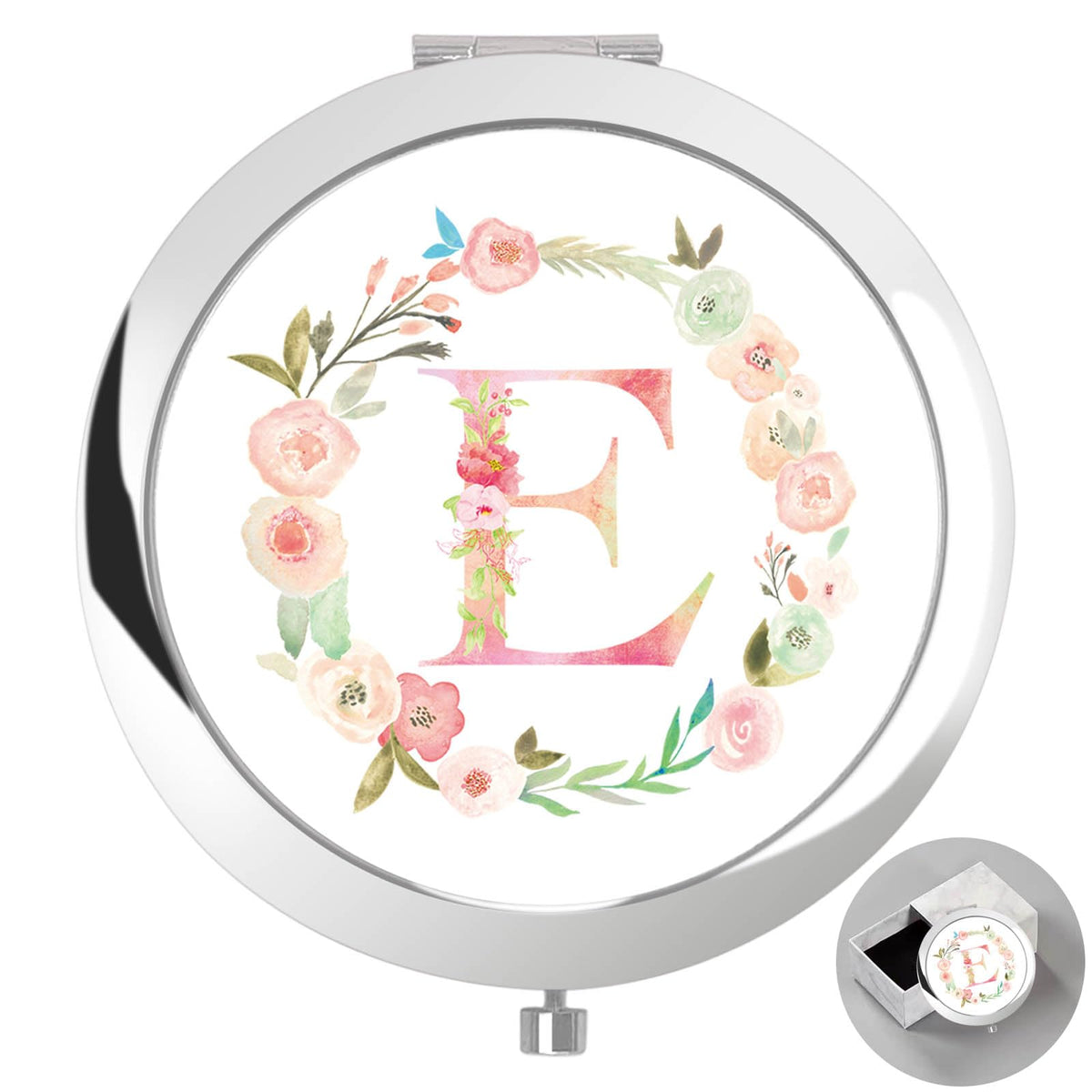 Boutikpro Personalized Compact Mirror With Floral Monogram - Ideal Gift For Women, Silver