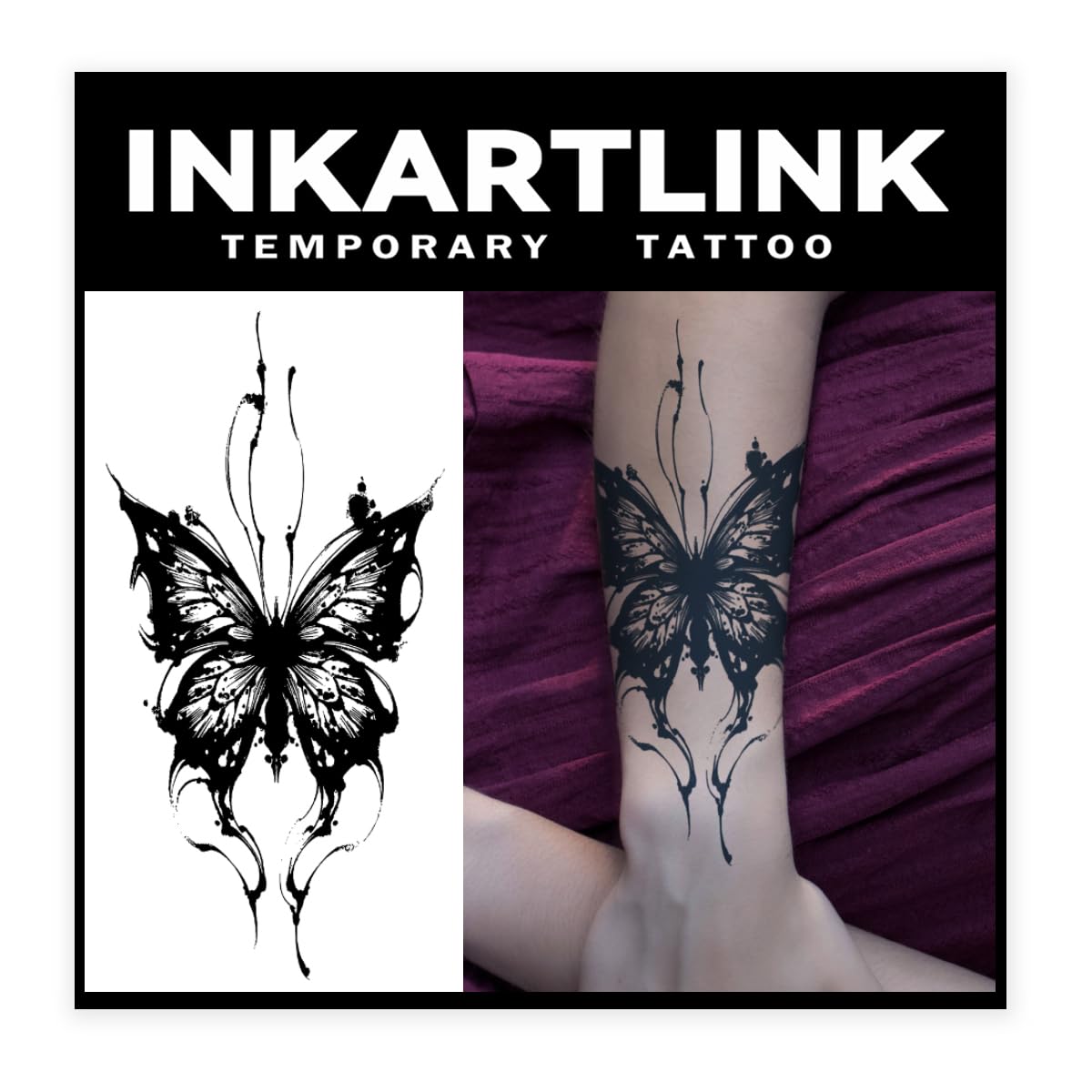 Inkartlink Large Dark Butterfly Semi-Permanent Tattoo Sheets - Realistic, Waterproof, Lasts 1-2 Weeks