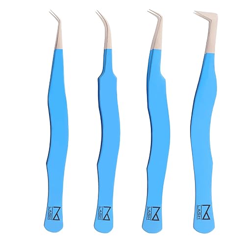 M LASH Professional Eyelash Tweezers Set of 4 - Japanese Steel, Fiber Tip, Diamond Grip, Teal