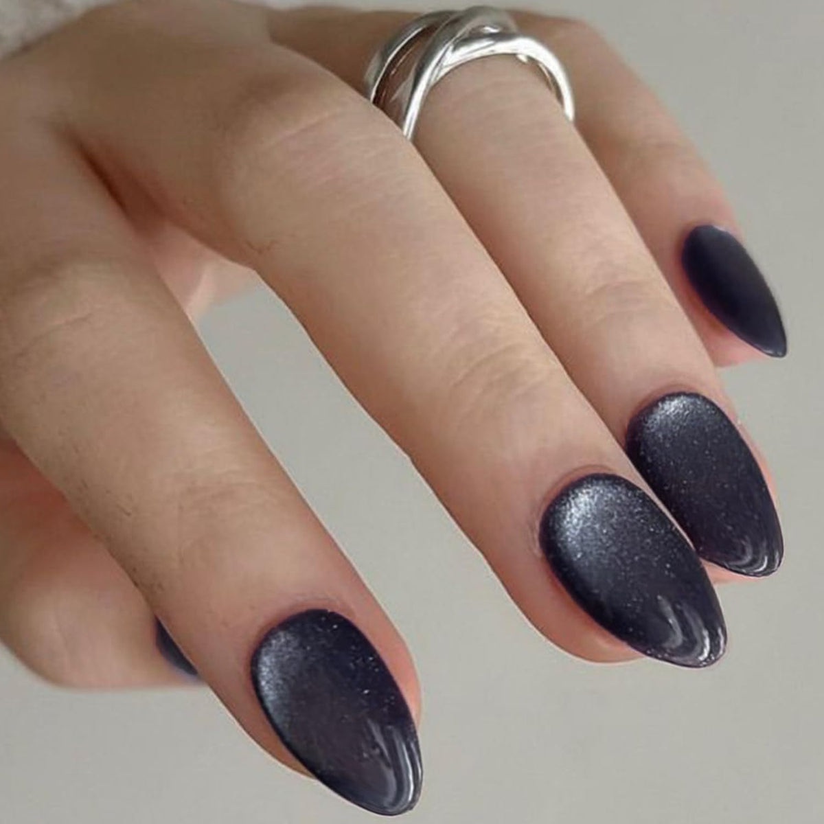 Glamermaid Black Aurora Cat Eyes Press On Nails - Short Almond, Glossy Glitter, Handmade Set