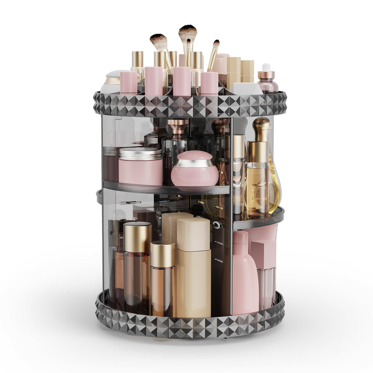 Rosoenvi 360° Rotating Makeup Organizer - Adjustable Gray Skincare Storage For Dresser & Bathroom