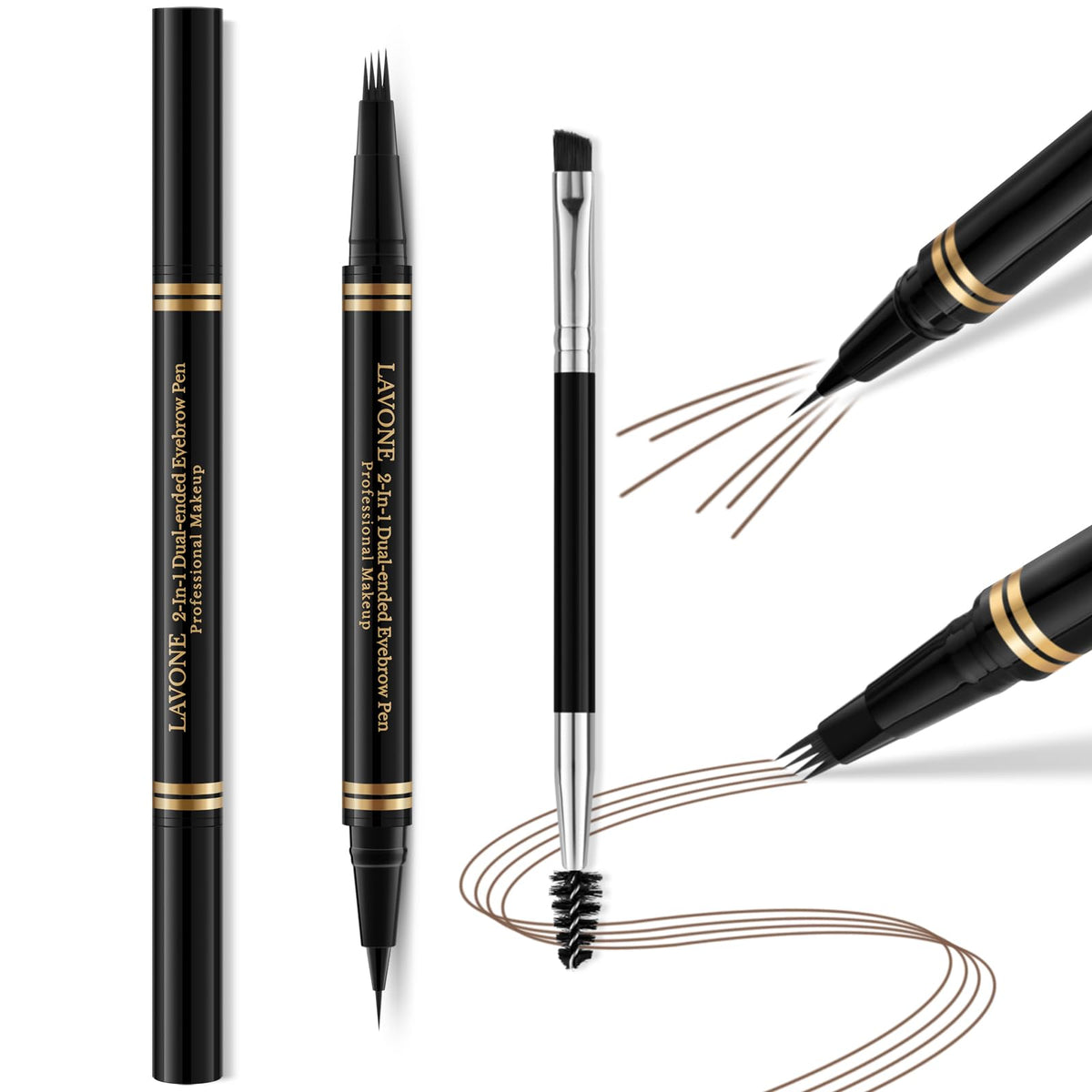 Lavone 2-In-1 Waterproof Eyebrow Pen & Pencil, Dark Brown, Microblading & Precision Brush