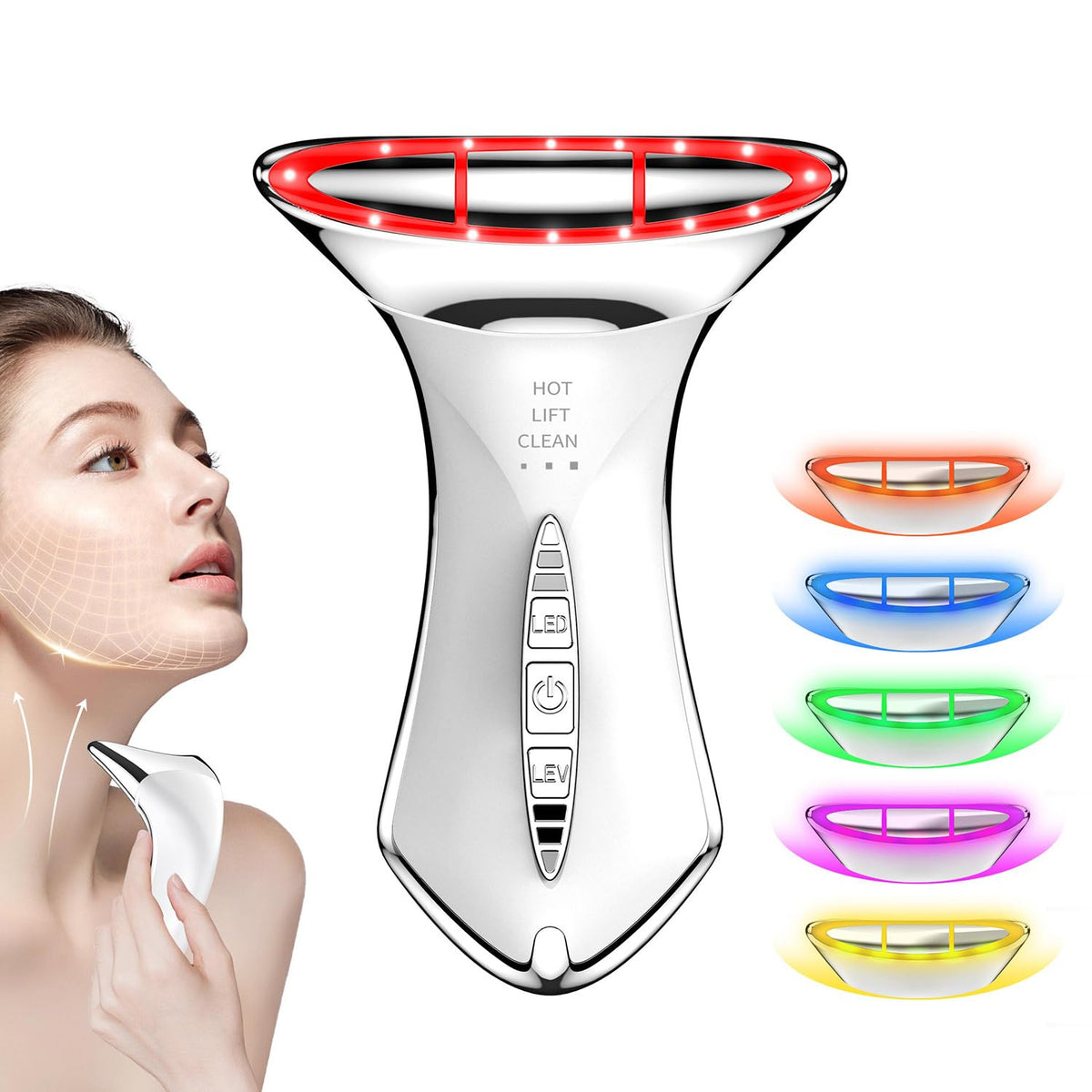 Mebao Neck And Face Massager With 5 Color Led - Water Resistant Facial Sculptor, White-Silver