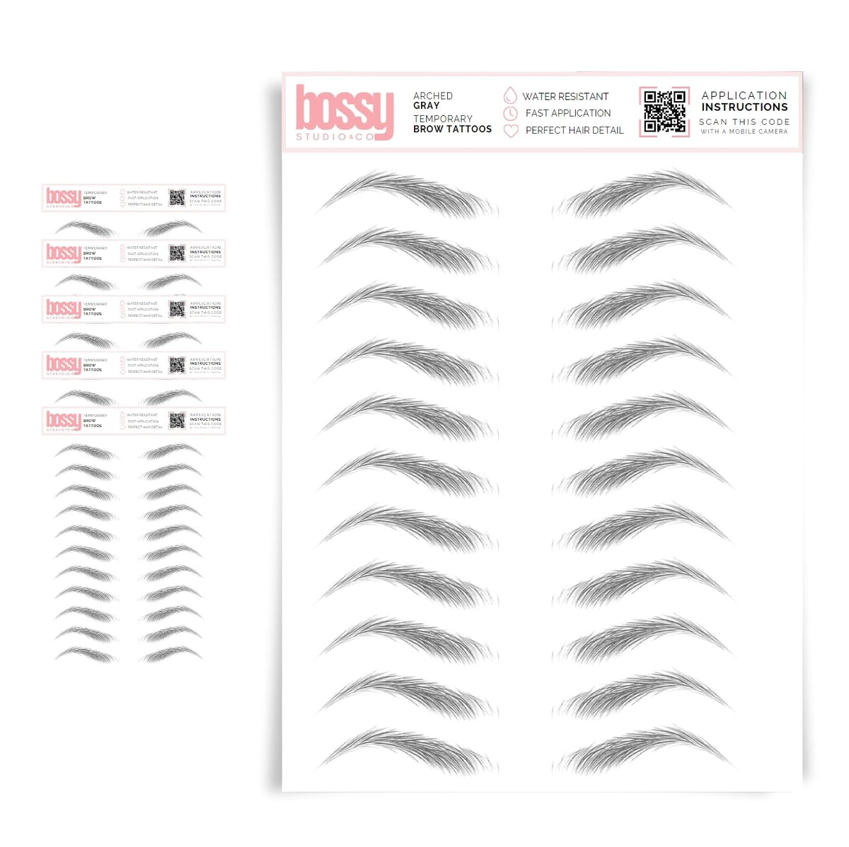 Brows By Bossy 5 Pack Waterproof Eyebrow Tattoos - Arched Gray Peel Off Instant Transfer Stickers