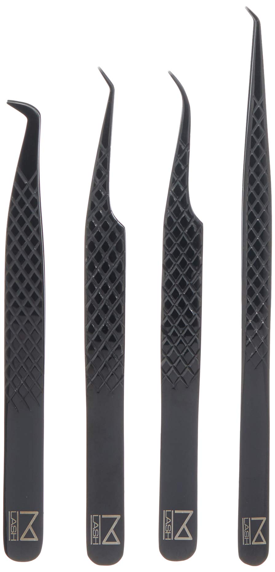 M LASH 4-Piece Set Diamond Grip NANO Fiber Tip Eyelash Tweezers - Classic & Volume, Black