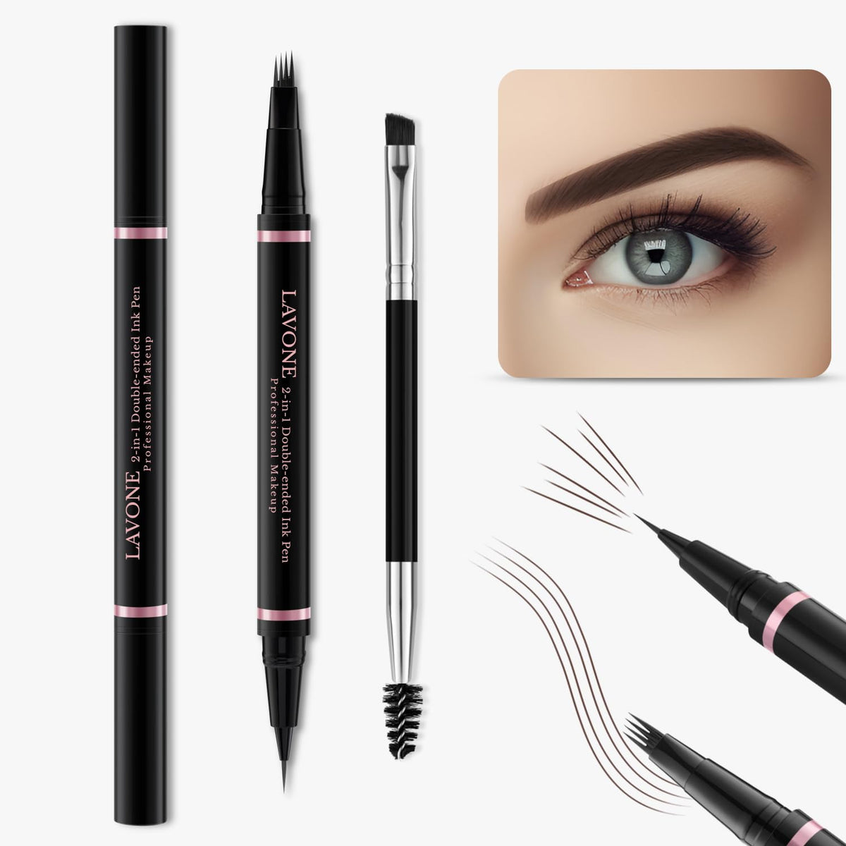 Lavone 2-In-1 Waterproof Eyebrow Pencil & Pen, Espresso - Dual-Ended Brush For Natural Brows