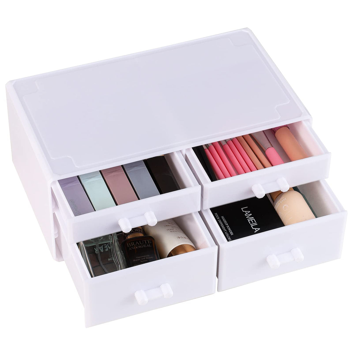 Cq Acrylic 4-Drawer Stackable Makeup Organizer - White Cosmetic Display Case For Jewelry & Accessories