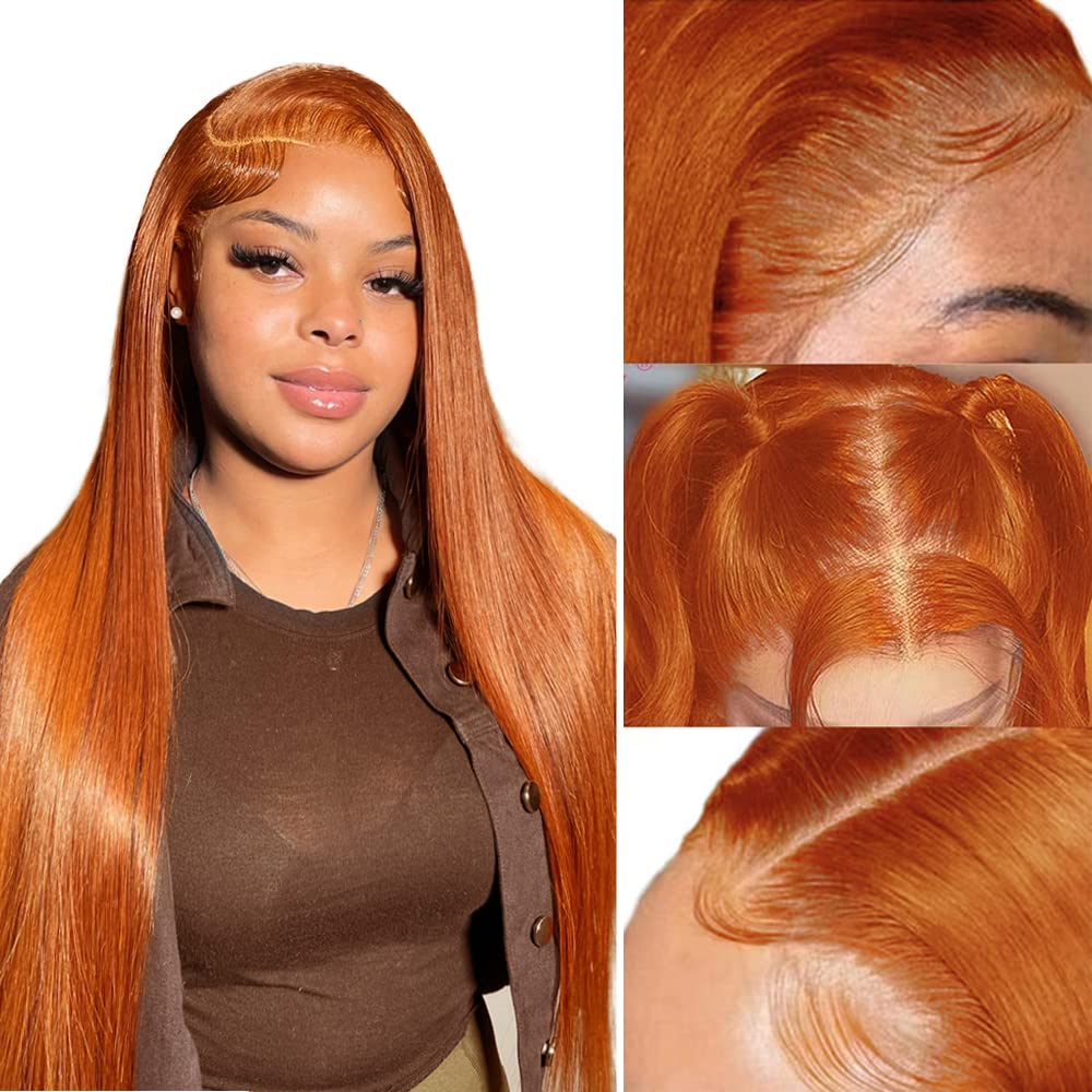 Azkiu Ginger Orange Lace Front Wig 16 Inch Human Hair 150% Density Pre Plucked With Baby Hair