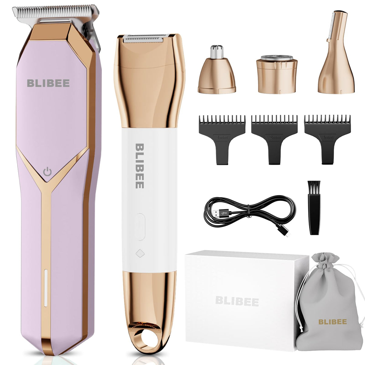 Blibee Waterproof Hair Clippers & Bikini Trimmer Set - 4 In 1, Stainless Steel, Mauve