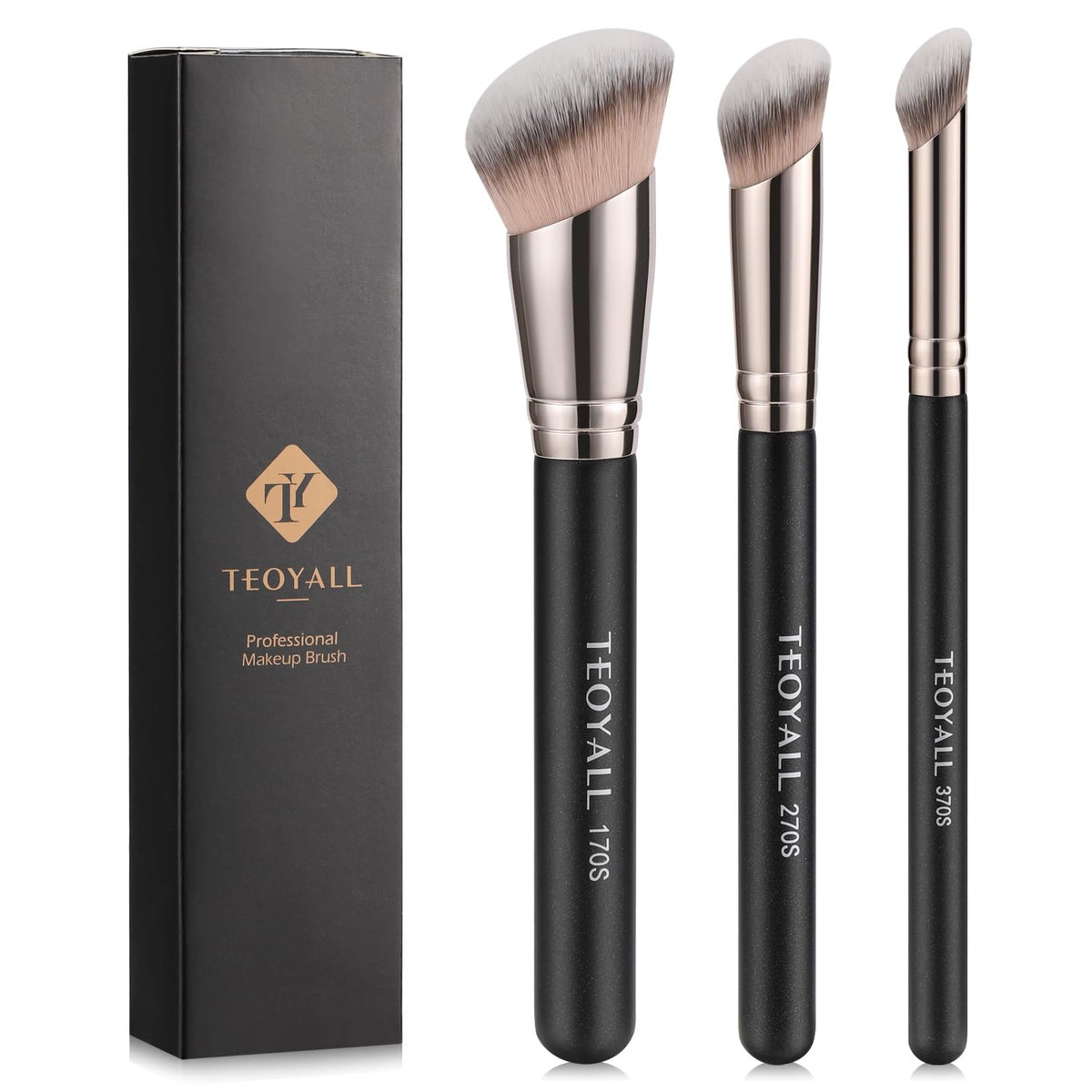 Teoyall 3Pcs Foundation Contour Conceal Brush Set - Angled Synthetic Kabuki Brushes For Blending