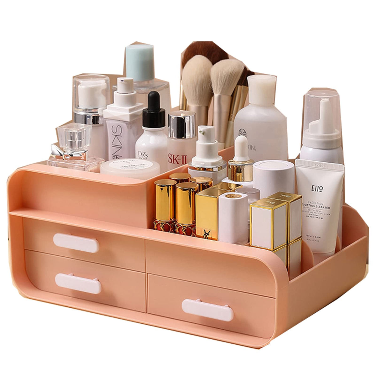 POFUOT Light Pink Makeup Organizer with Drawers, Vanity Brush Holder for Cosmetics and Lipstick