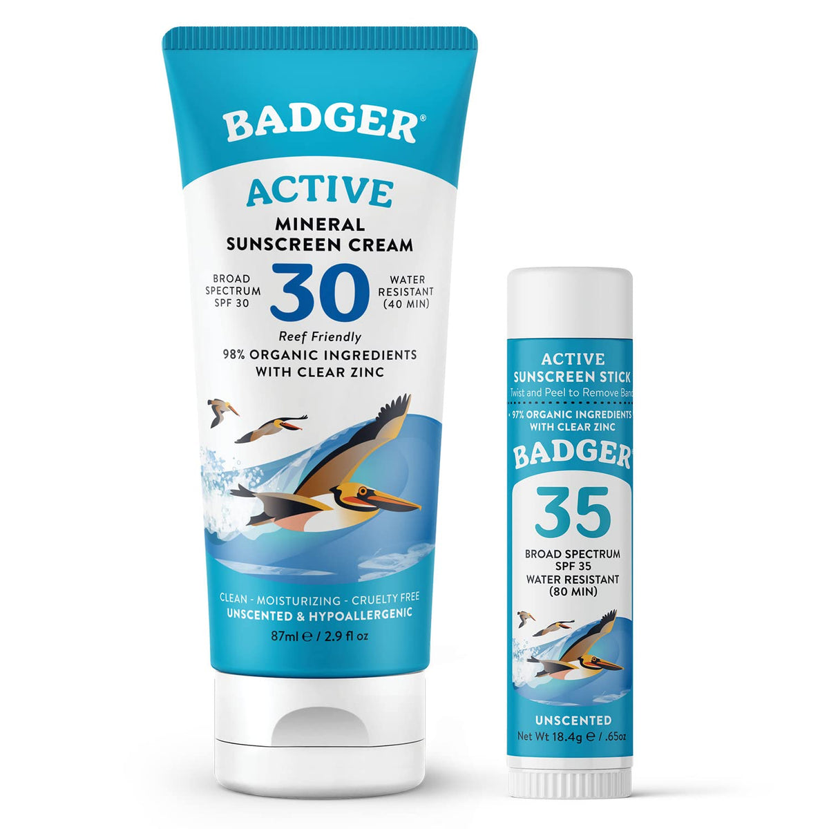 Badger Mineral Sunscreen Combo Spf 30 Cream & Spf 35 Face Stick, Reef Safe, Water Resistant