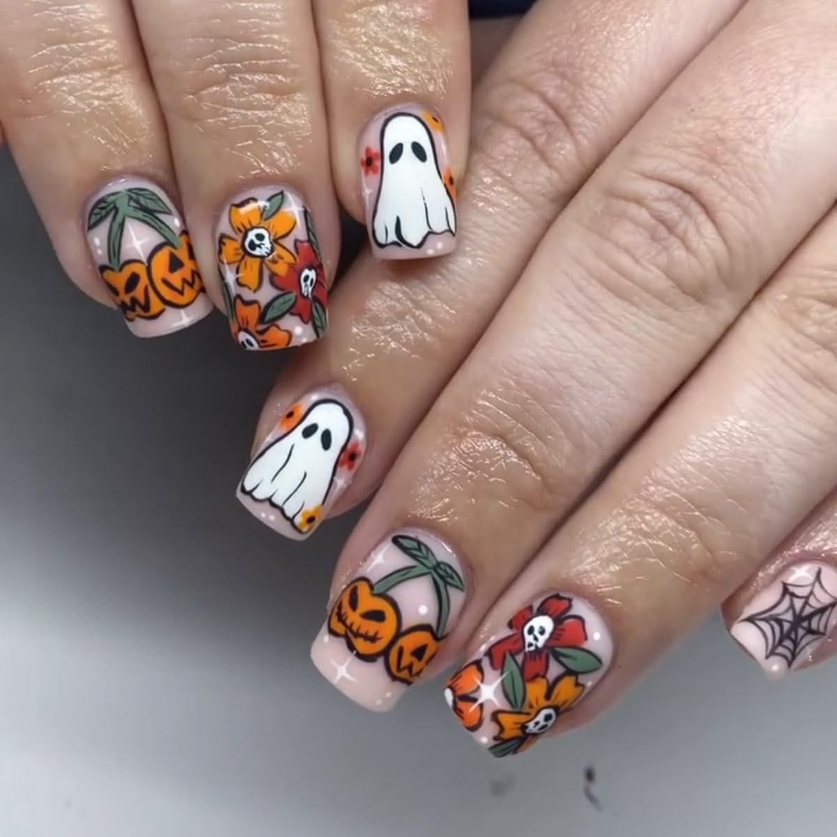 Shanrun 24 Pcs Pink Halloween Press On Nails Short Square - Floral Ghost Pumpkin Design