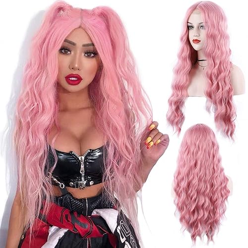 WECAN 28&quot; Pink Wavy Synthetic Wig - Heat-Resistant Fiber for Cosplay & Daily Wear