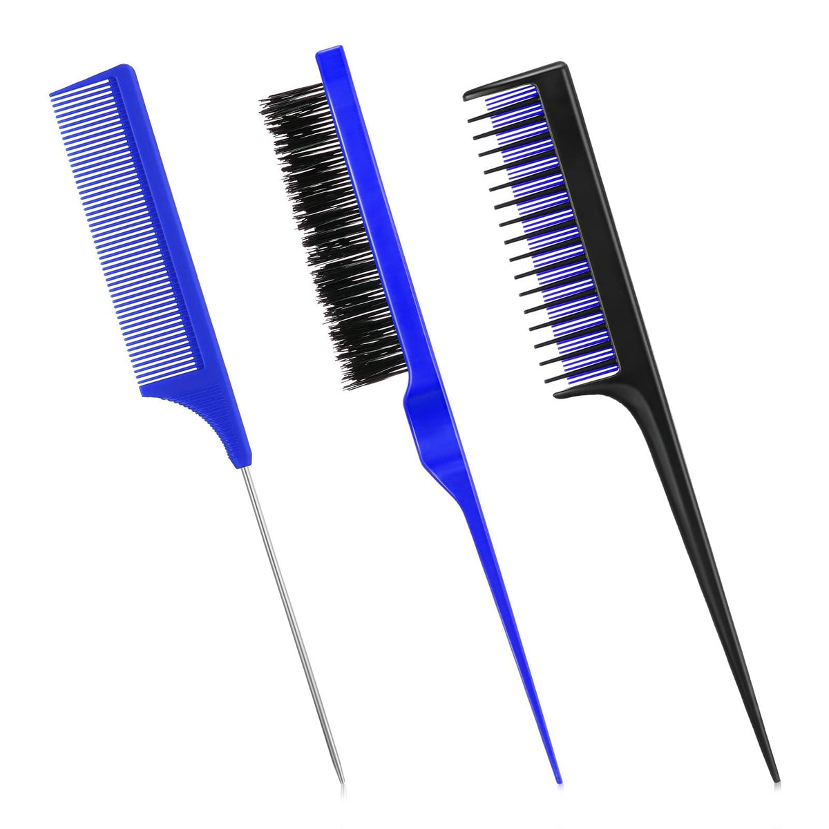 Patelai 3-Piece Hair Styling Comb Set - Teasing Brush & Rat Tail Comb, Blue & Black