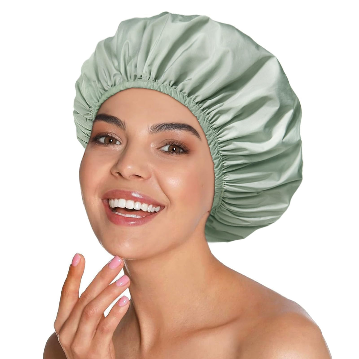 Yanibest Luxury Waterproof Green Shower Cap For Women, Reusable Non-Slip, One Size