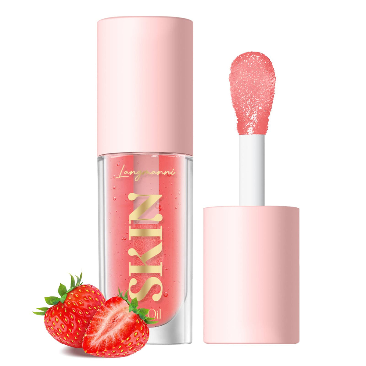 LANGMANNI Strawberry Moisturizing Lip Oil - No-Sticky Lip Gloss & Balm for Dry Lips, 1 Count