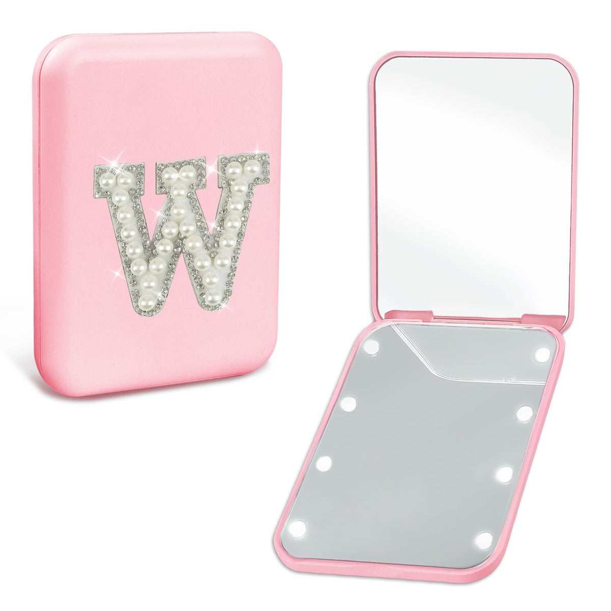 Aganmi Pink Led Compact Travel Mirror - Personalized 1X/2X Magnification For Makeup & Gifts