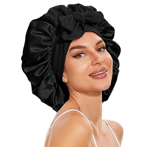 BE BIGEDDIE Large Satin Hair Bonnet for Sleeping - Double Layer with Tie Band, Black