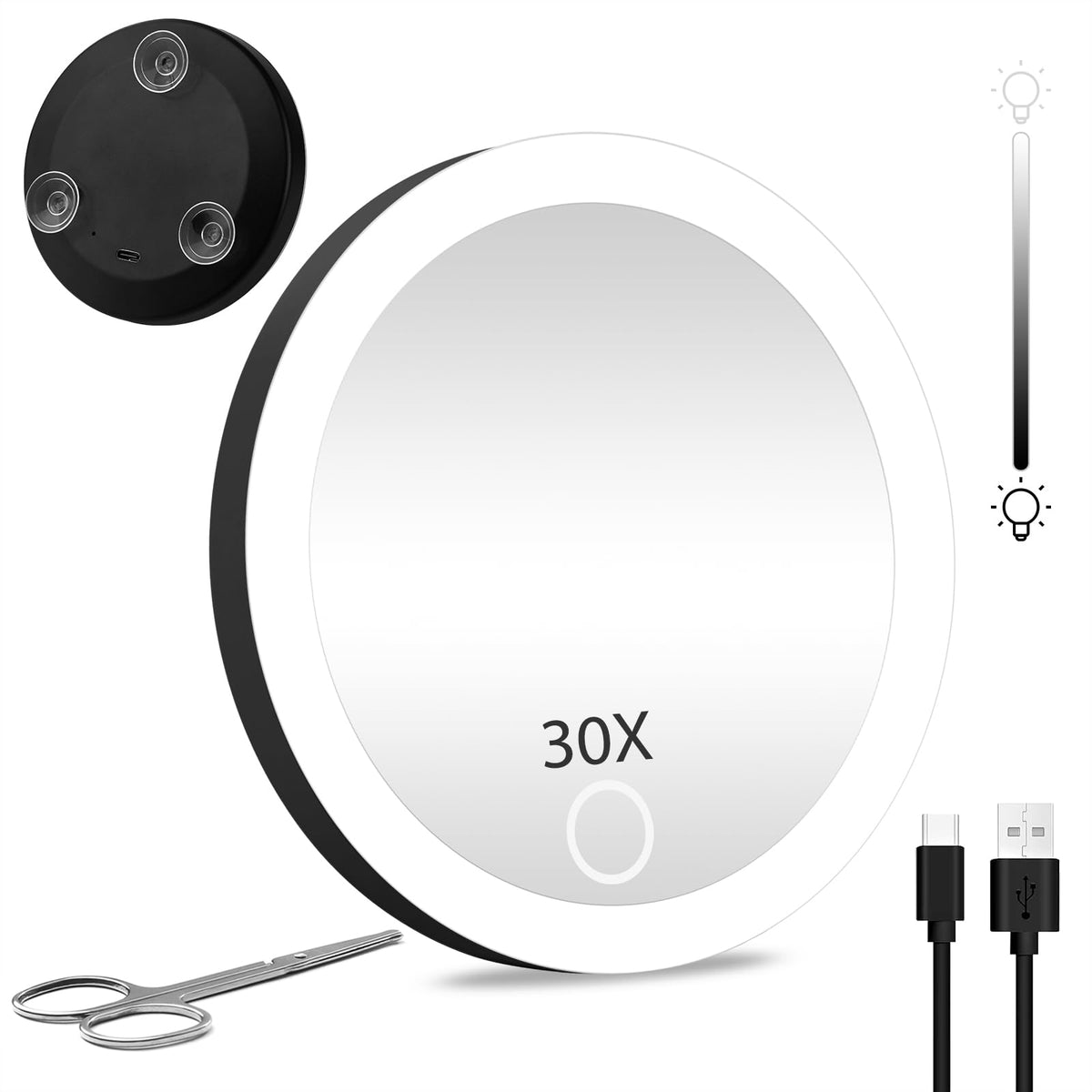 Jjhxr 30X Magnifying Makeup Mirror With Lights & Suction Cups, 4&quot; Compact Black