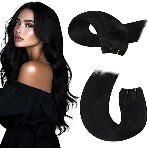 Moresoo Jet Black Weft Extensions 100G 16 Inch Human Hair Sew In Double Weft #1