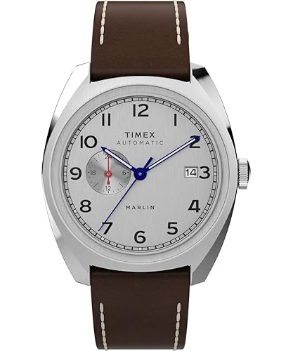 Timex Men'S Marlin Automatic Watch, 39Mm, Brown Strap, Silver-Tone Dial, Stainless Steel Case