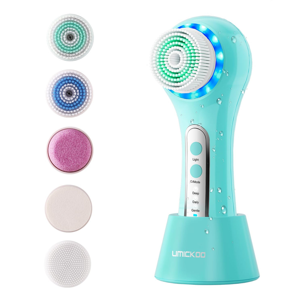 Umickoo Face Scrubber Exfoliator - Rechargeable Ipx7 Waterproof Brush With 5 Heads (Blue/White)