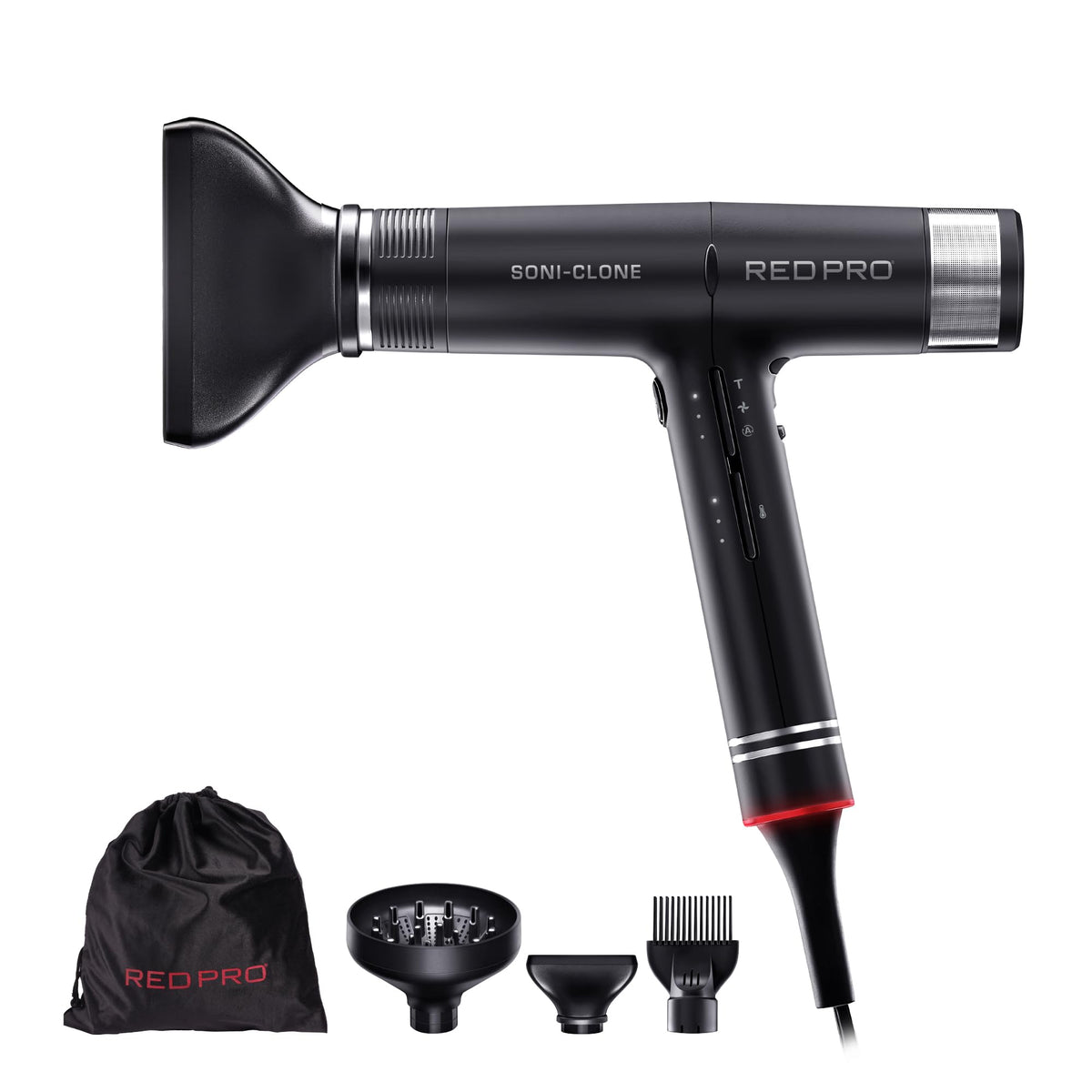 Red Pro Hair Dryer - 110,000 Rpm High Speed, Lightweight, Magnetic Nozzle, Travel Pouch, Black