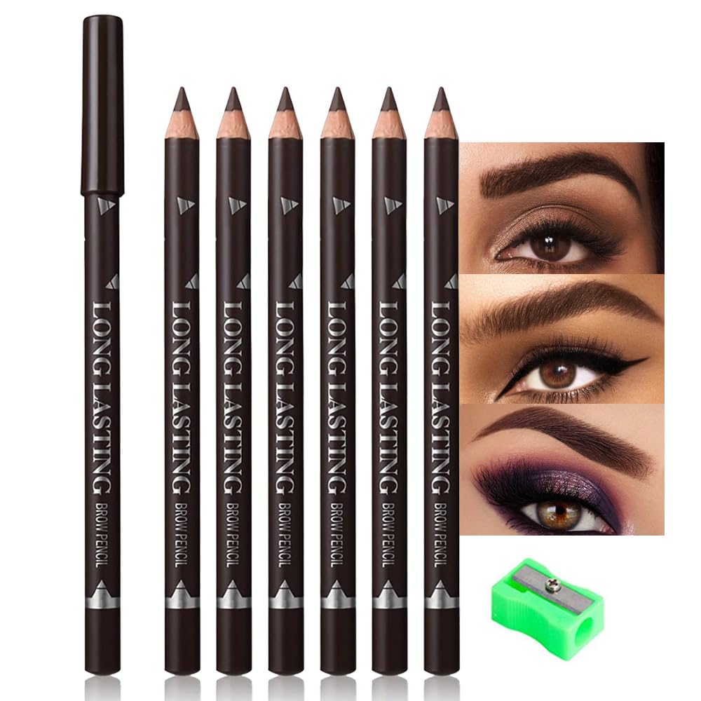 Feicuiyun 6Pcs Dark Brown Eyebrow Pencil Set - Waterproof, Beginner-Friendly, Eyeliner Pencils