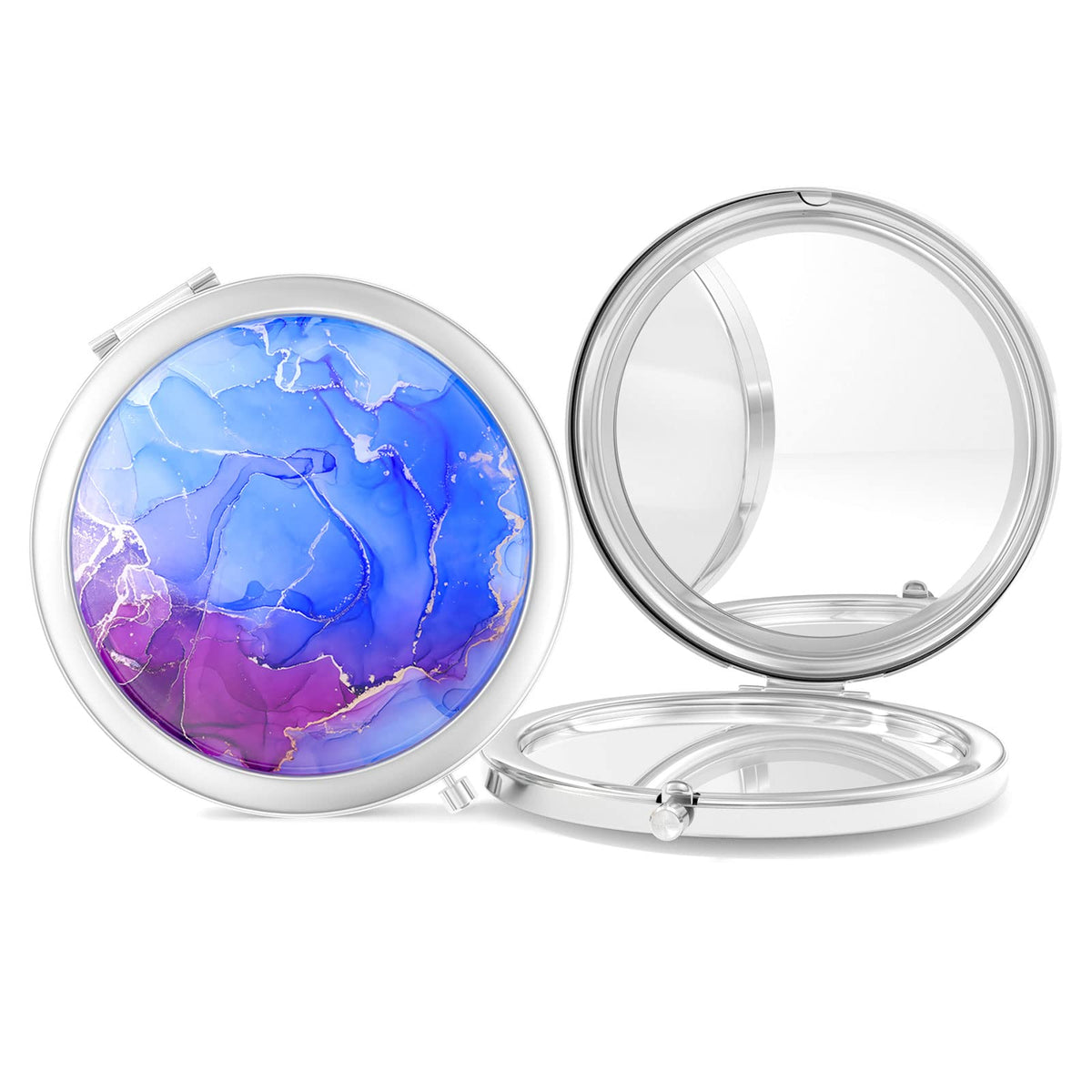 Nipichsha Compact Mirror - 2-Sided 2X/1X Magnification, Portable Makeup Mirror, Blue-Purple Marble