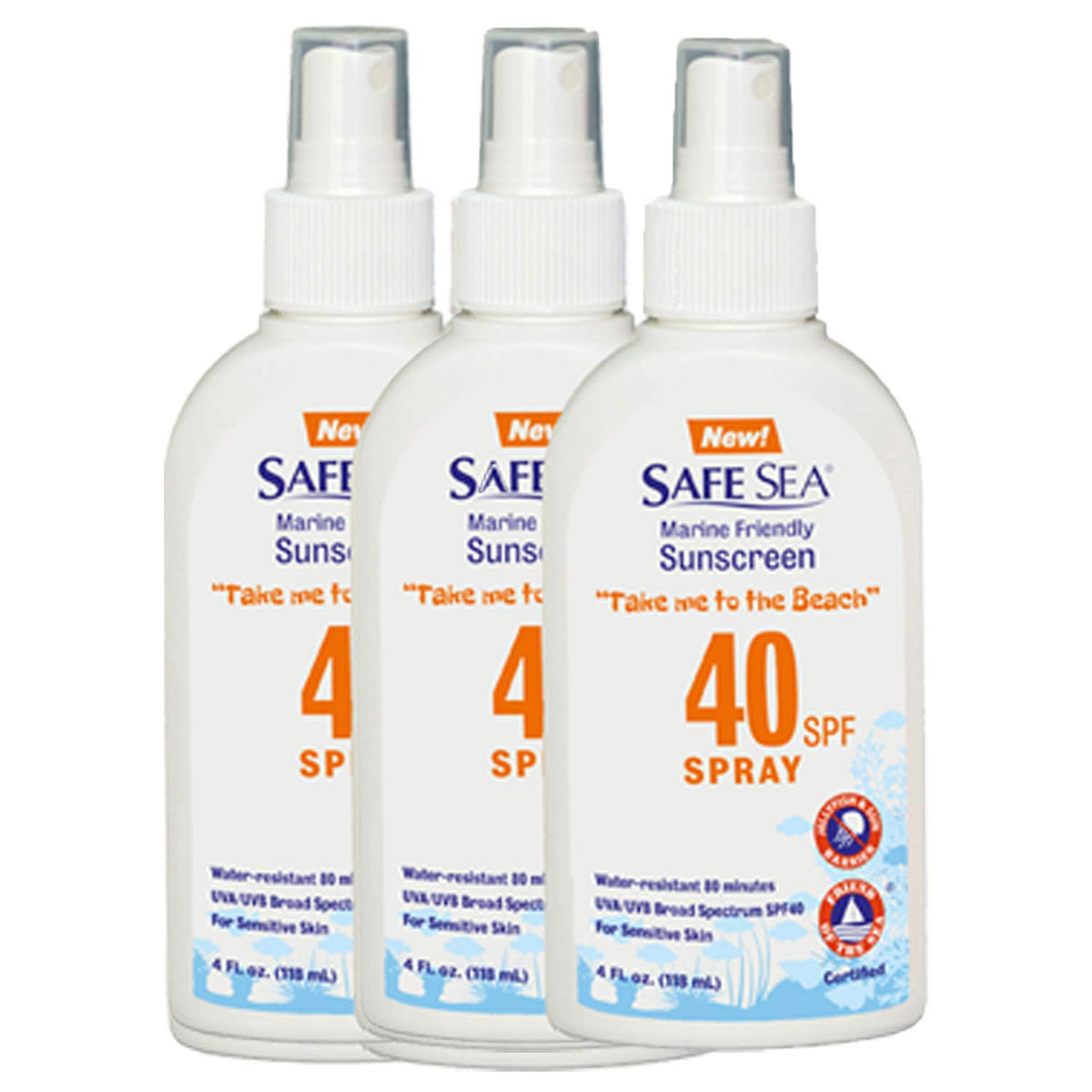 Safe Sea Jellyfish Sting-Blocking Sunscreen Spf 40 Spray, Waterproof, Coral Reef-Safe (3 Pack)