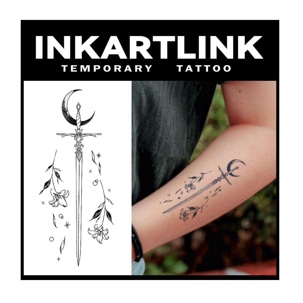 Inkartlink Floral Language Moonlight Sword Temporary Tattoo - 2 Sheets, Waterproof, Lasts 1-2 Weeks