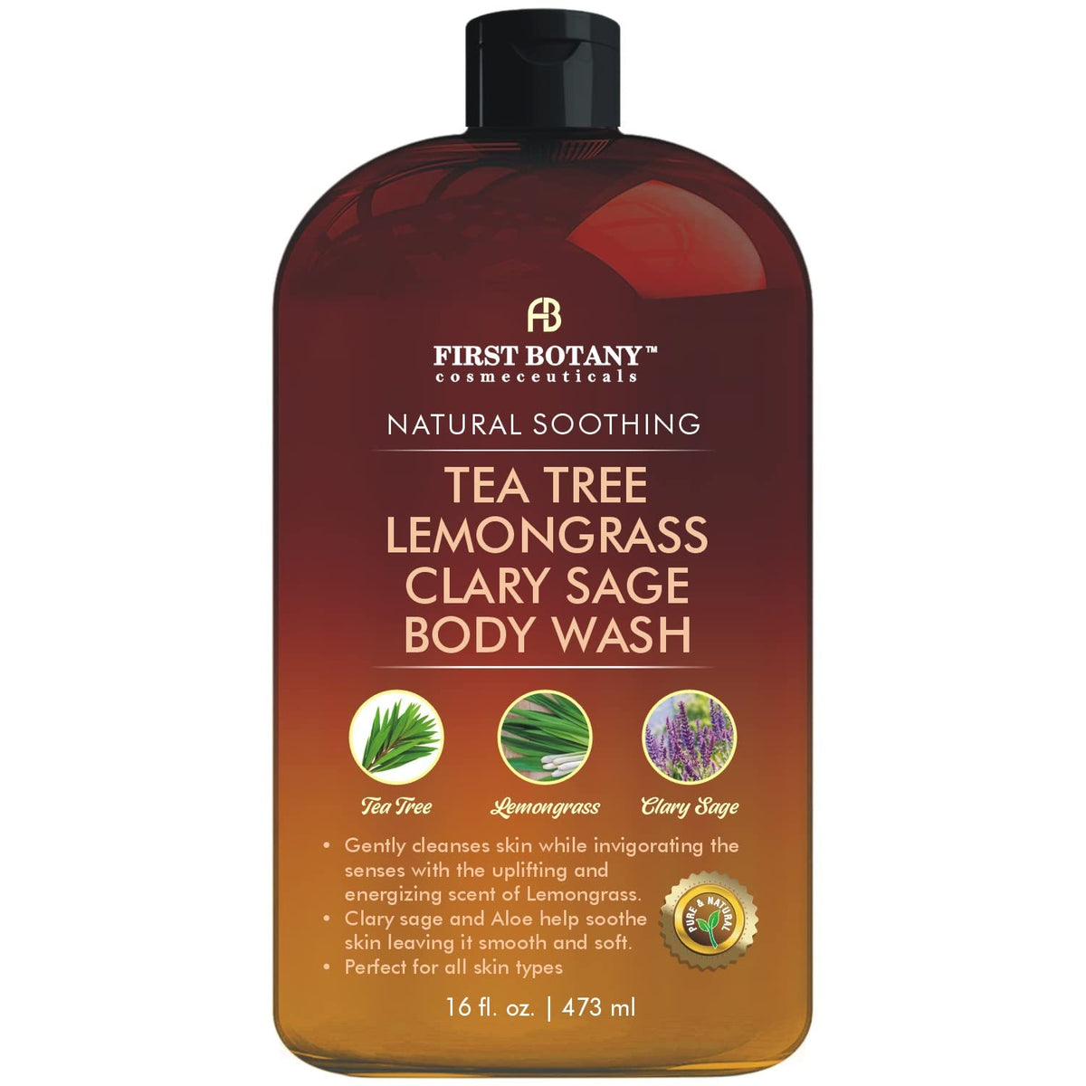 First Botany All Natural Body Wash - Fights Odor, Acne, Eczema, 16 Fl Oz (Tea Tree, Clary