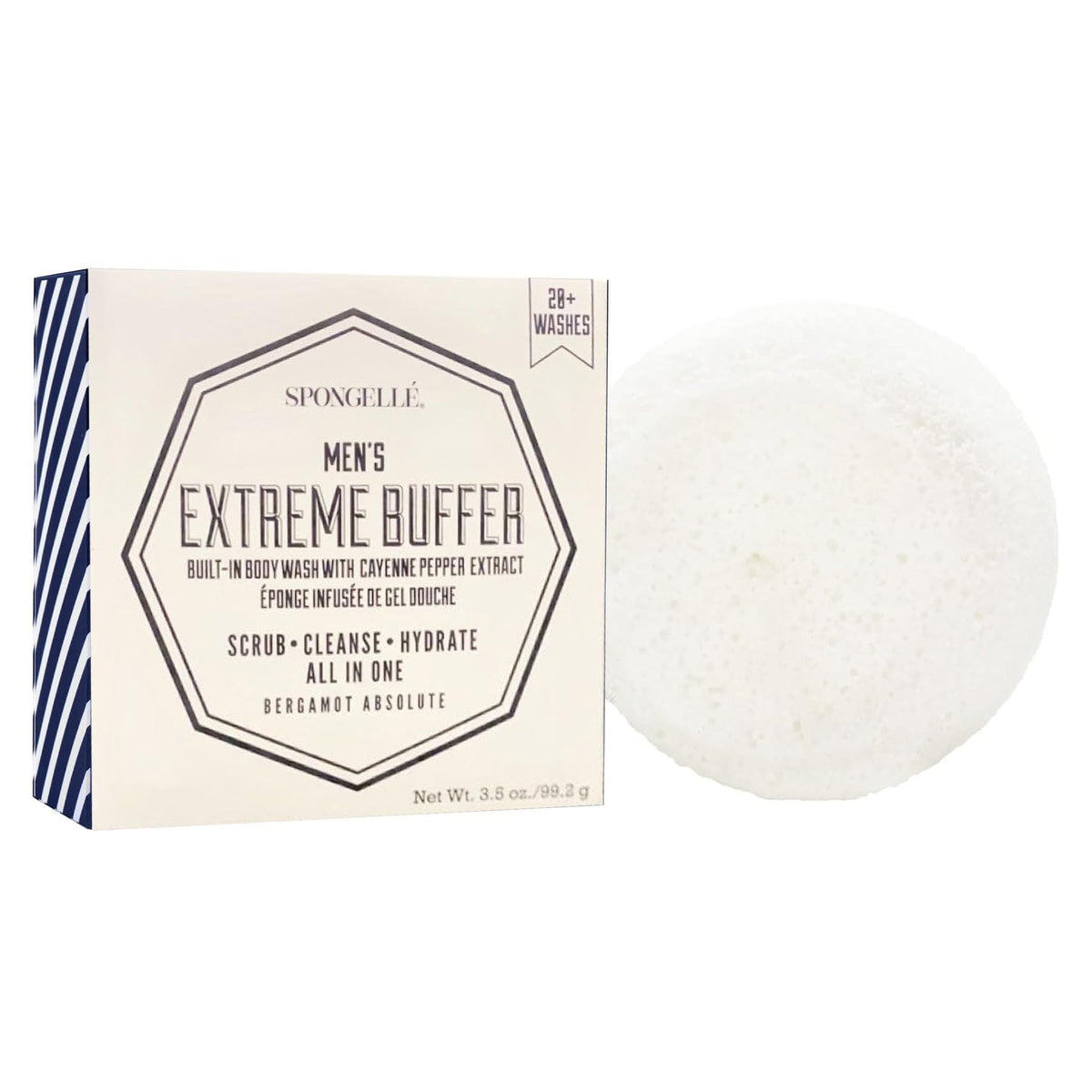 Spongellé Men'S Extreme Buffer - Body Wash & Shower Gel Sponge, Bergamot Absolute, White