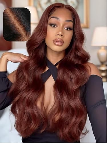 UNICE 16&quot; Reddish Brown Body Wave Glueless Frontal Wig - Human Hair, Pre Plucked, 150% Density