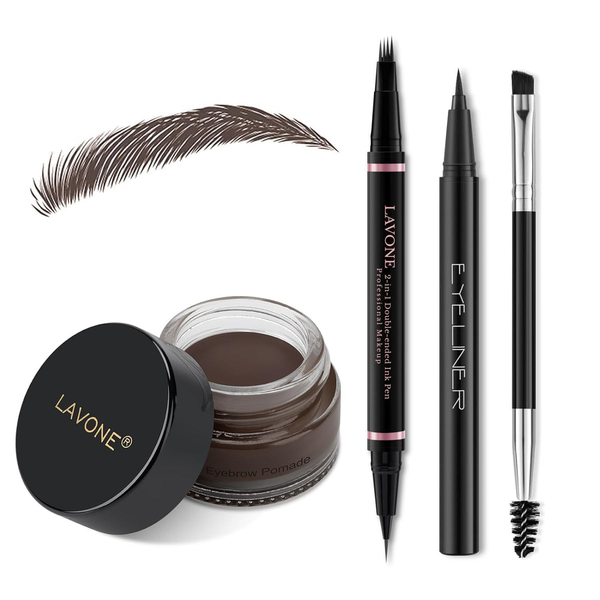 Lavone Waterproof Eyebrow Pencil Kit - 2-In-1 Microblading Pen, Pomade & Dual-Ended Brush,