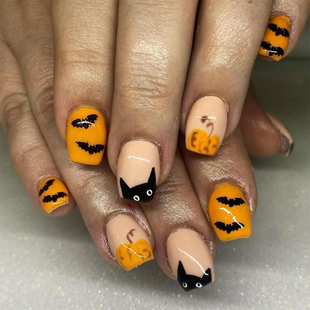 Gufugu Halloween Press On Nails - Short Square Acrylic Nails With Pumpkin & Bat Designs, 24Pcs