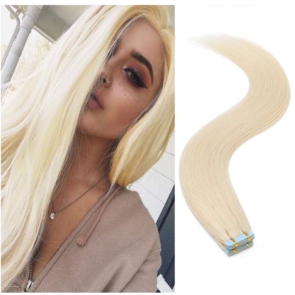 Benehair 14&quot; Remy Tape In Hair Extensions - Whitish Blonde #70, 20G, Seamless Human Hair,