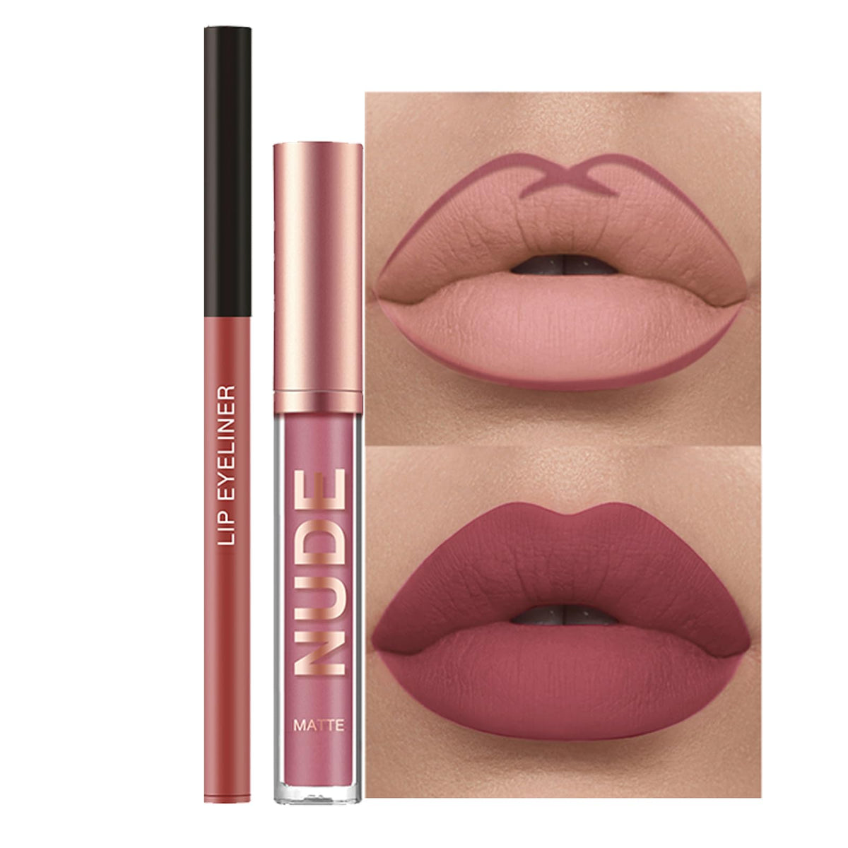 Rosarden Matte Lipstick & Lip Liner Set - 2Pcs Cream Nude Mauve Waterproof Long Lasting