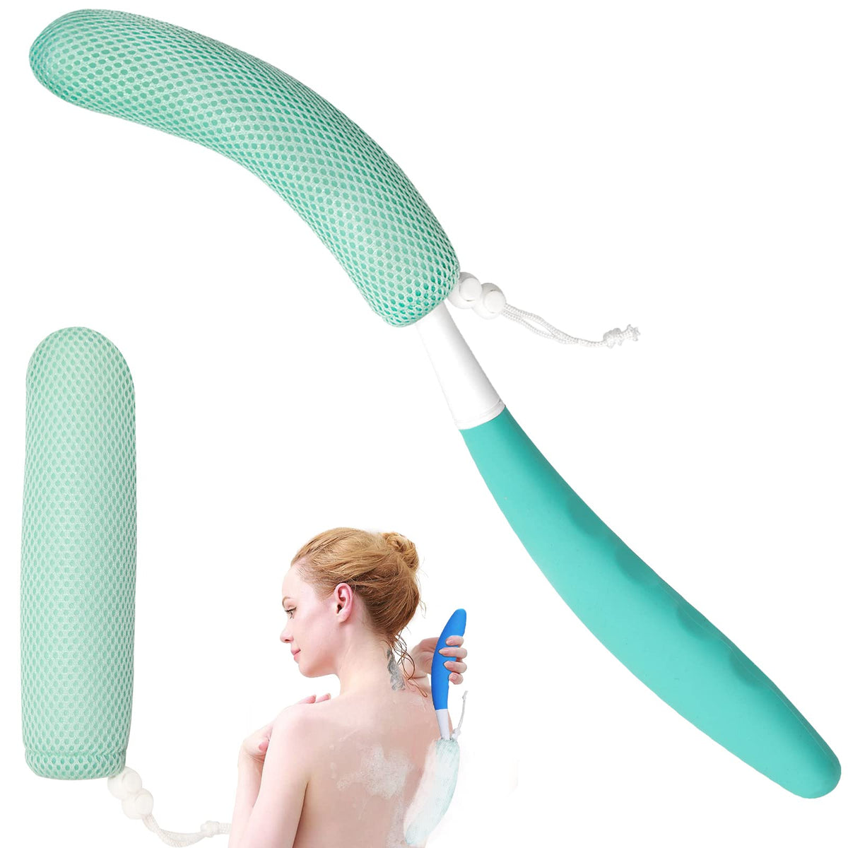 Kkaffe Back Bath Brush With Sponge, Anti-Slip Long Handle For Elderly, Green+Green Head