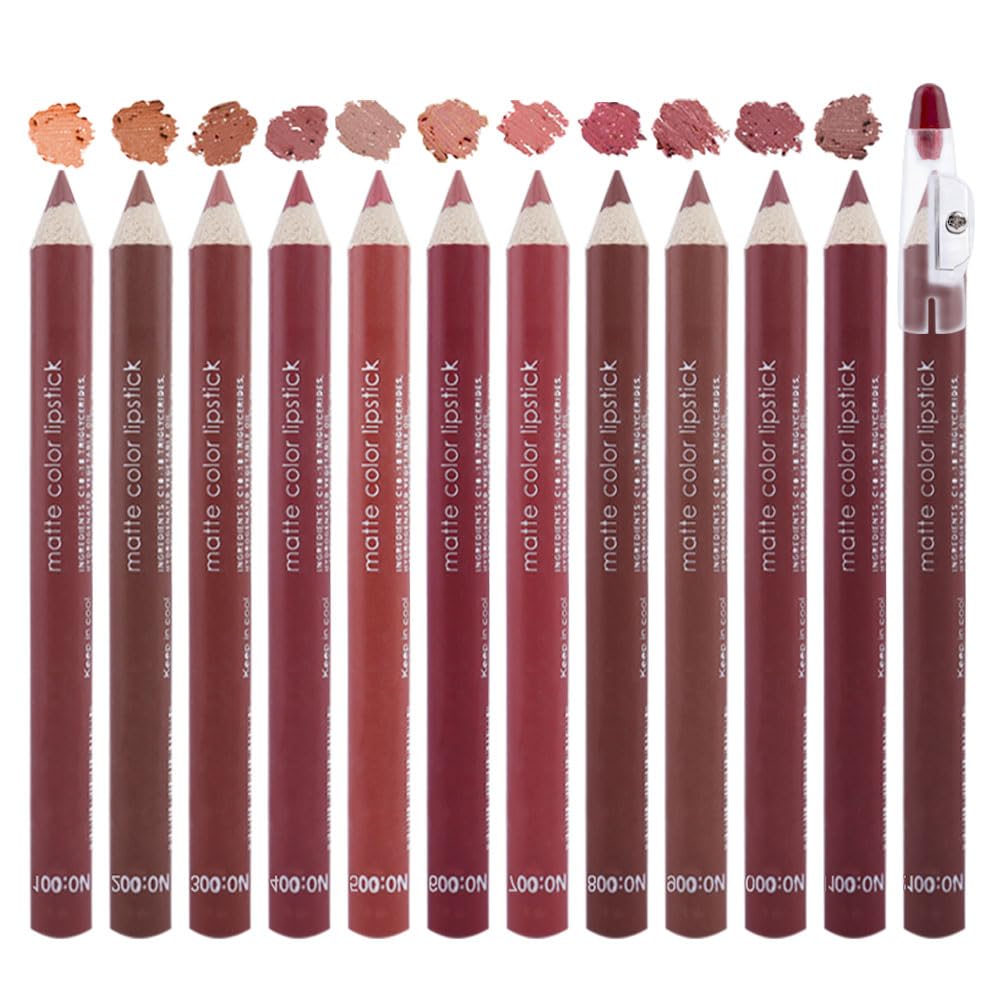 Suake 12 Pcs Waterproof Nude Brown Lip Liner Lipstick Pencils Set For Daily Makeup