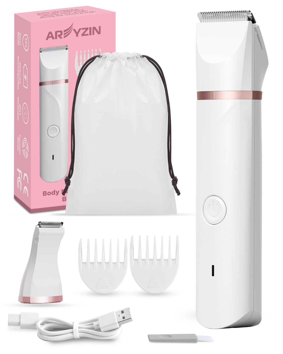 Areyzin Bikini Trimmer For Women - Rechargeable Electric Shaver, Waterproof, Ceramic Blades, White