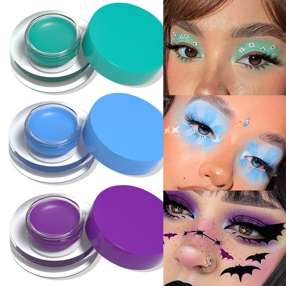 Evpct 3Pcs Waterproof Gel Eyeliner Set - Cyan Green, Blue, Purple With Brushes, Long Wear