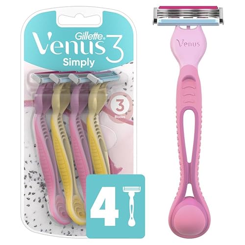 Gillette Venus Simply 3 Women'S Disposable Razor, 4 Count - Stainless Steel, Dragonfruit Colors