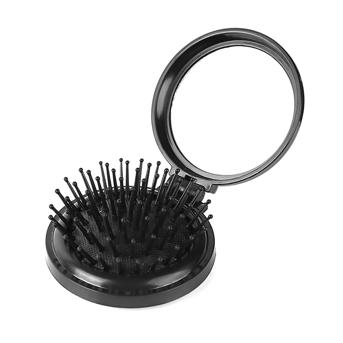 1St Choice Mini Folding Hair Brush With Mirror, Compact Massage Comb For Travel, Black