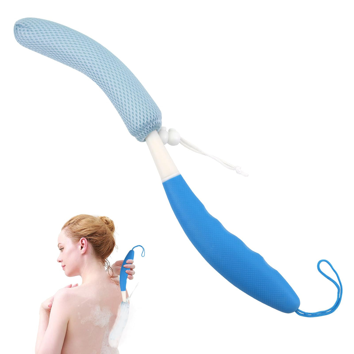 Kkaffe Blue Back Scrubber - Long Handle Mesh Sponge Shower Brush For Exfoliating Body Care