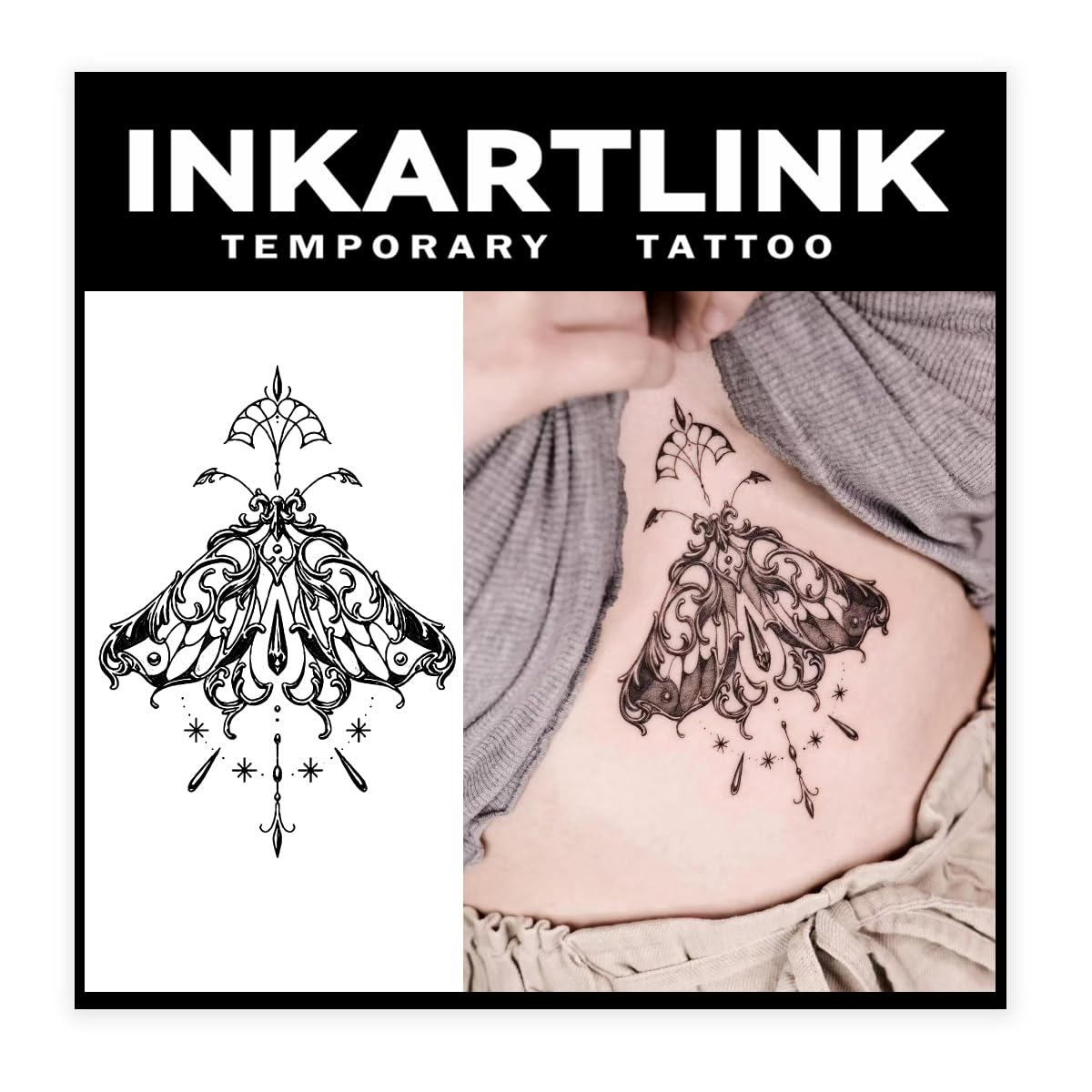 Inkartlink Semi-Permanent Butterfly Chain Tattoo - 2 Sheets, Waterproof, Realistic Design